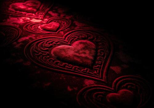 Deep red velvet surface with ornate embossed hearts, romantic luxury texture photo