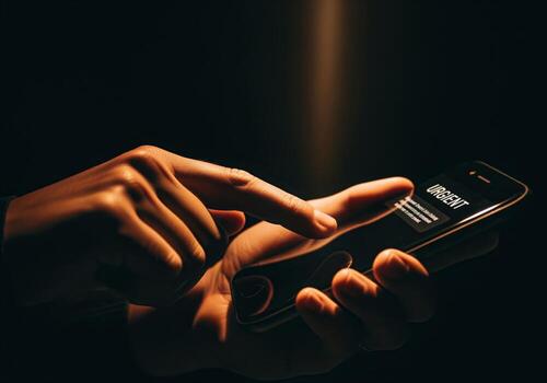 Hands holding smartphone displaying urgent message notification in dark light photo