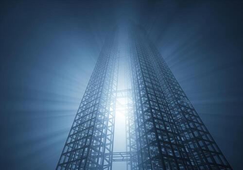 Futuristic architectural skyscraper skeleton structure in foggy blue light photo