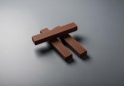 Tres perfectamente formado chocolate oblea galletas arreglado diagonalmente en un suave superficie foto