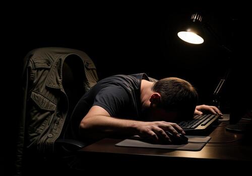 Overworked man collapsed on computer keyboard in dark room, suffering from burnout and exhaustion photo