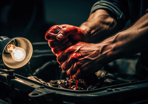 Oily hands covered in red fluid working on a car engine under workshop light photo