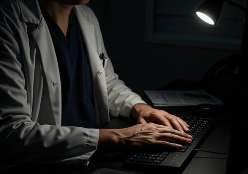 Dedicated medical professional typing on computer keyboard during late night shift photo