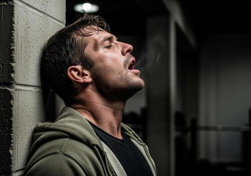 Exhausted man recovering after intense workout session in a gritty gym photo