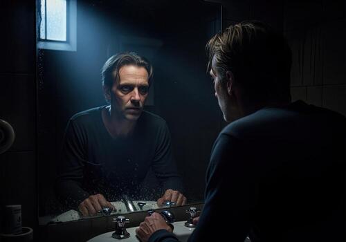 Troubled man stares at his reflection in a dimly lit bathroom mirror, deep in thought photo