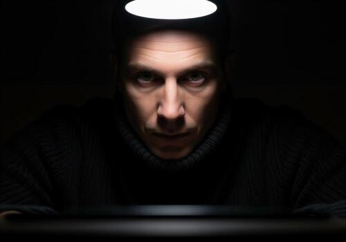 Intense man with determined eyes under harsh light, focused and concentrated photo