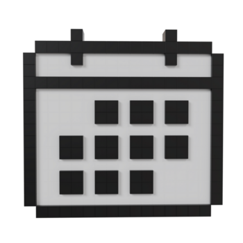3d rendere illustrazione di un' nero e bianca calendario icona fatto di piazza blocchi, minimalista programma concetto, moderno Data progettista simbolo per tempo gestione e organizzazione. pixel effetto png