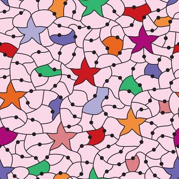 An abstract seamless mosaic of different shapes in warm pink, violet, orange and red, green hues, perfect for dynamic and modern backgrounds in various creative projects. vector