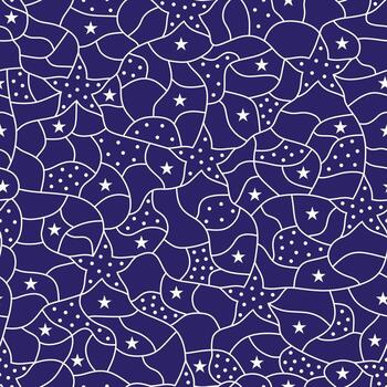 Seamless mosaic texture. Blue background. Geometric pattern. Lines, stars and dots. White lines and dots on blue or violet background vector