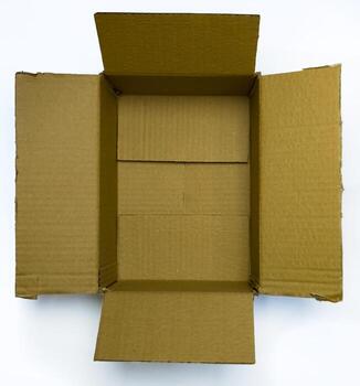 Open empty cardboard box on white background top view photo
