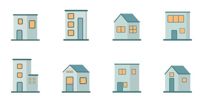 Flat Design Home Icon Pack Featuring Various House Shapes and Window Layouts vector