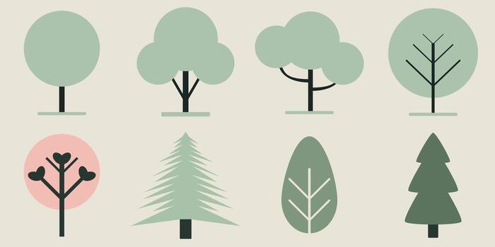 Stylized Tree Icons in Pastel Colors with Various Abstract Shapes and Silhouettes vector