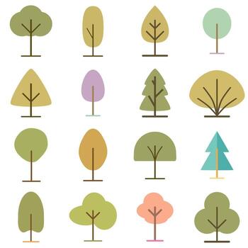 Minimal Flat Tree Collection with Rounded and Triangular Leaves in Pastel Green and Yellow vector