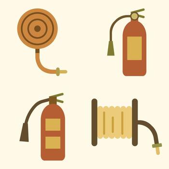 Minimal Fire Extinguisher and Hose Reel Collection in Retro Color Palette vector