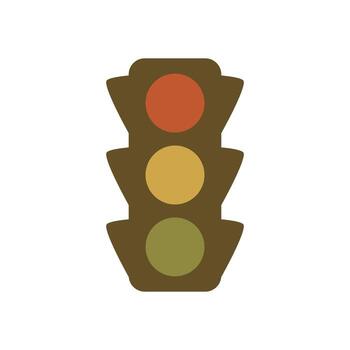 Flat design stoplight icon with triangular side flares and muted traffic signal colors on isolated white backdrop vector