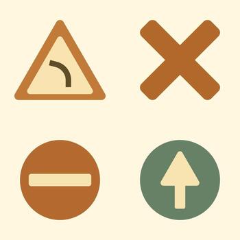 Simple Directional and Warning Sign Icons in Flat Style for Traffic or Navigation UI vector