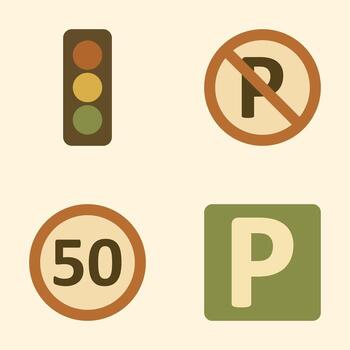 Traffic and Parking Sign Icons in Flat Style with Speed Limit and Signal Light vector