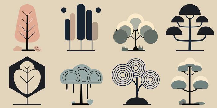 Set of Modern Stylized Trees with Symmetrical and Artistic Shapes on Neutral Background vector