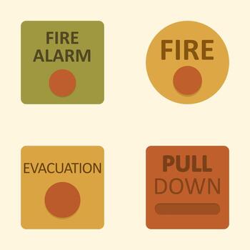 Red Alert Buttons and Fire Symbols on Square and Circular Backgrounds for Safety Use vector