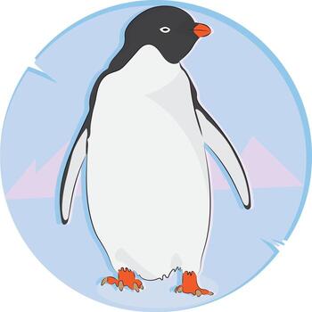 a penguin standing in the snow with mountains in the background vector