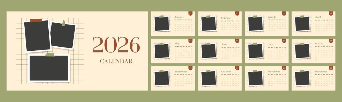 Retro 2026 english calendar year template set of horizontal layout pages. Blank photo frame collage design. vector