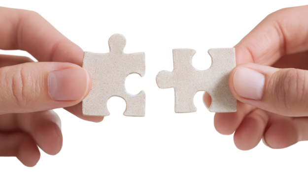 Two hands join separate puzzle piece, connect teamwork, complete problem solving, collaboration, and partnership isolated on transparent background png
