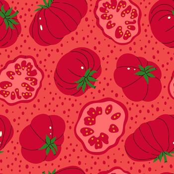 grande rojo Tomates en un rojo antecedentes sin costura modelo. gráficos. vector