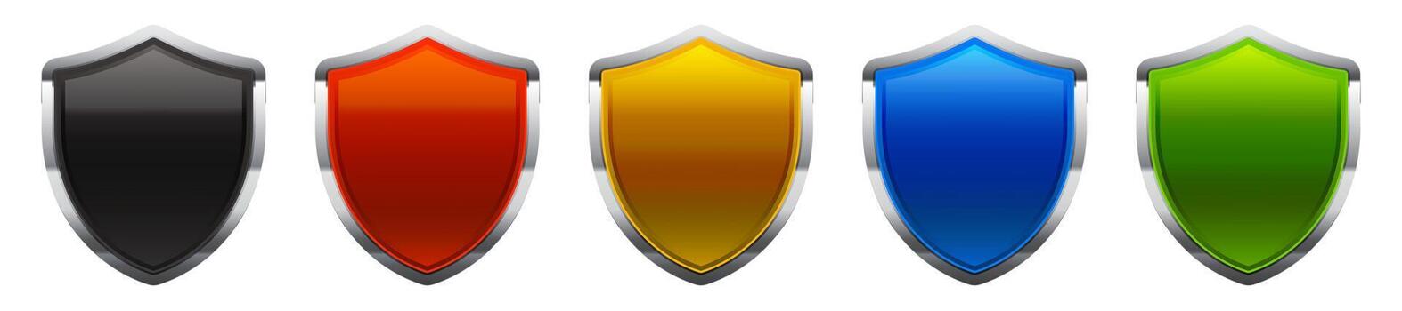 Set of five colorful shield icons with silver frames vector