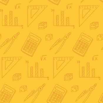 Seamless hand drawn pattern with math tools such as calculator, ruler, compass, dice, and graphs on yellow background. The concept represents education, learning, and school subjects vector