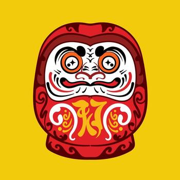 Japanase Daruma Doll with cheerful expression, bold eyebrows, yellow decorative patterns, red dot on forehead and expressive face, symbolizing and good luck in Japan vector