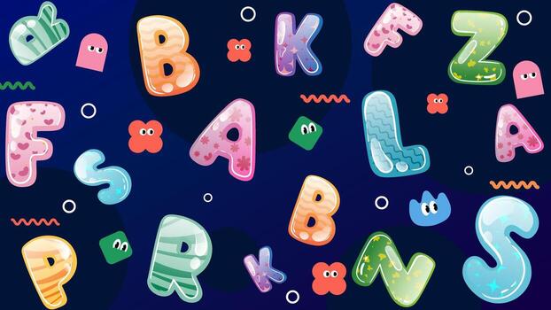 Whimsical cartoon ABC floating with sparkles and soap bubbles, high-resolution for preschool learning materials. vector