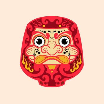 Japanase Daruma Doll with cheerful expression, bold eyebrows, yellow decorative patterns, red dot on forehead and expressive face, symbolizing perseverance and good luck in Japan vector
