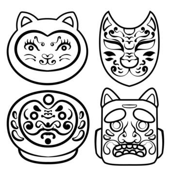 Black and white illustration of a set of Japanese masks with patterns. vector