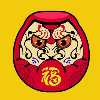 Japanase Daruma Doll with cheerful expression, bold eyebrows, yellow decorative patterns, red dot on forehead and expressive face, symbolizing perseverance and good luck in Japan culture vector