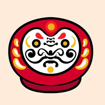 Japanase Daruma Doll with cheerful expression, bold eyebrows, yellow decorative patterns, red dot on forehead and expressive face, symbolizing and good luck in Japan culture vector