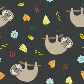 A pattern with a sloth hanging on a branch vector