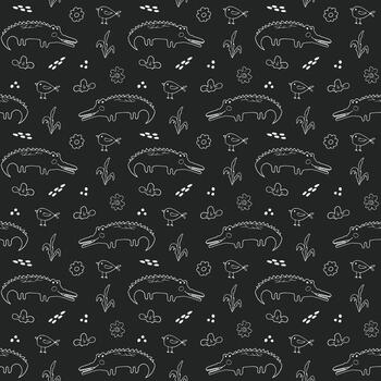 un sin costura modelo con un cocodrilo y aves en un negro antecedentes vector