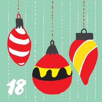 Navidad adviento calendario tarjeta diseño un Navidad tarjeta con Tres adornos colgando desde instrumentos de cuerda vector