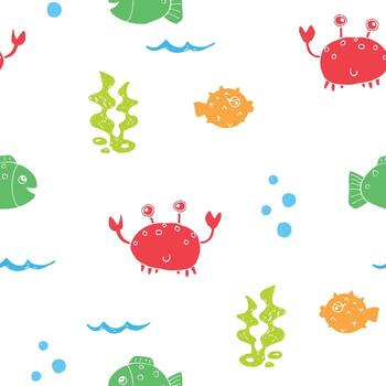 Seamless pattern with colorful crabs fish and seaweed on white background vector