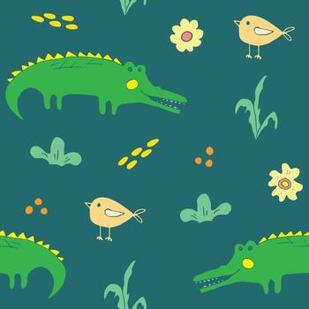 A seamless pattern with a crocodile and birds on a green background vector