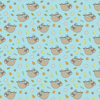 un sin costura modelo con un perezoso colgando en un rama en azul antecedentes. vector