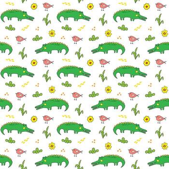 Alligator and bird pattern on white background vector