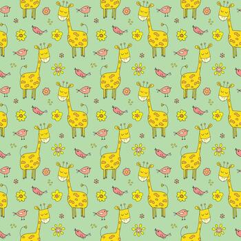 Seamless patterns with Giraffes and birds on green vector