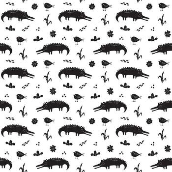 A pattern with alligators and birds on it vector