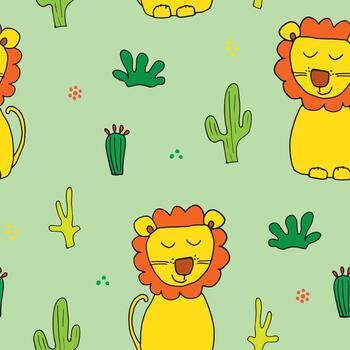un sin costura modelo con dibujos animados leones y cactus en verde antecedentes vector