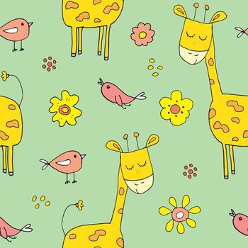Seamless patterns with Giraffes and birds on green background vector