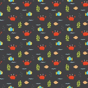 Seamless pattern with crabs and fish on dark background vector
