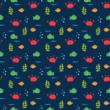 A seamless pattern with crabs and fish on a blue background vector
