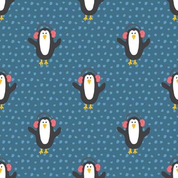 pingüino sin costura modelo con polca puntos en un azul antecedentes vector