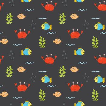 Seamless pattern with crabs and fish on a dark background vector